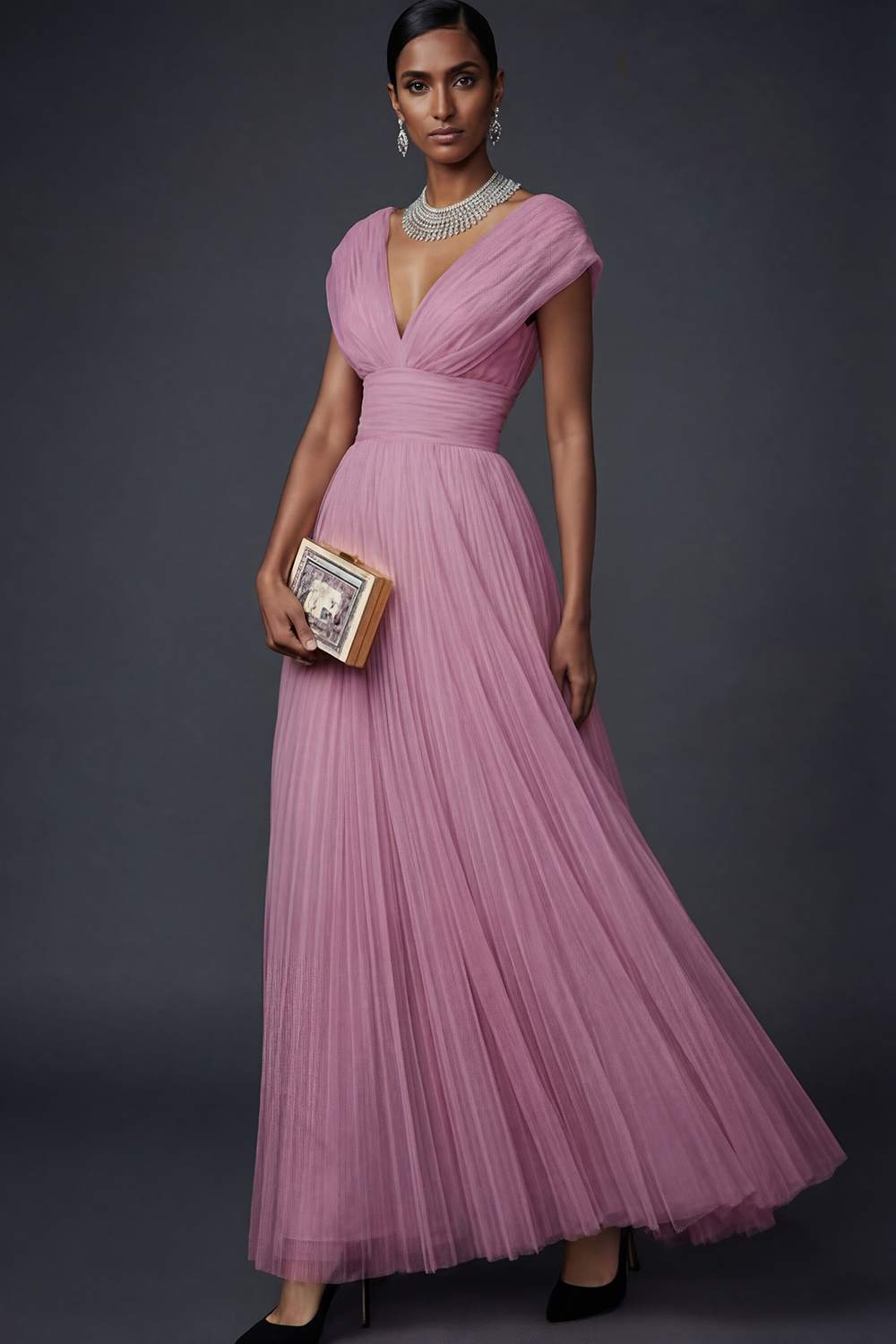 Vintage Rose Formal Dress A-Line V-Neck Pleated Tulle Maxi Dress 
