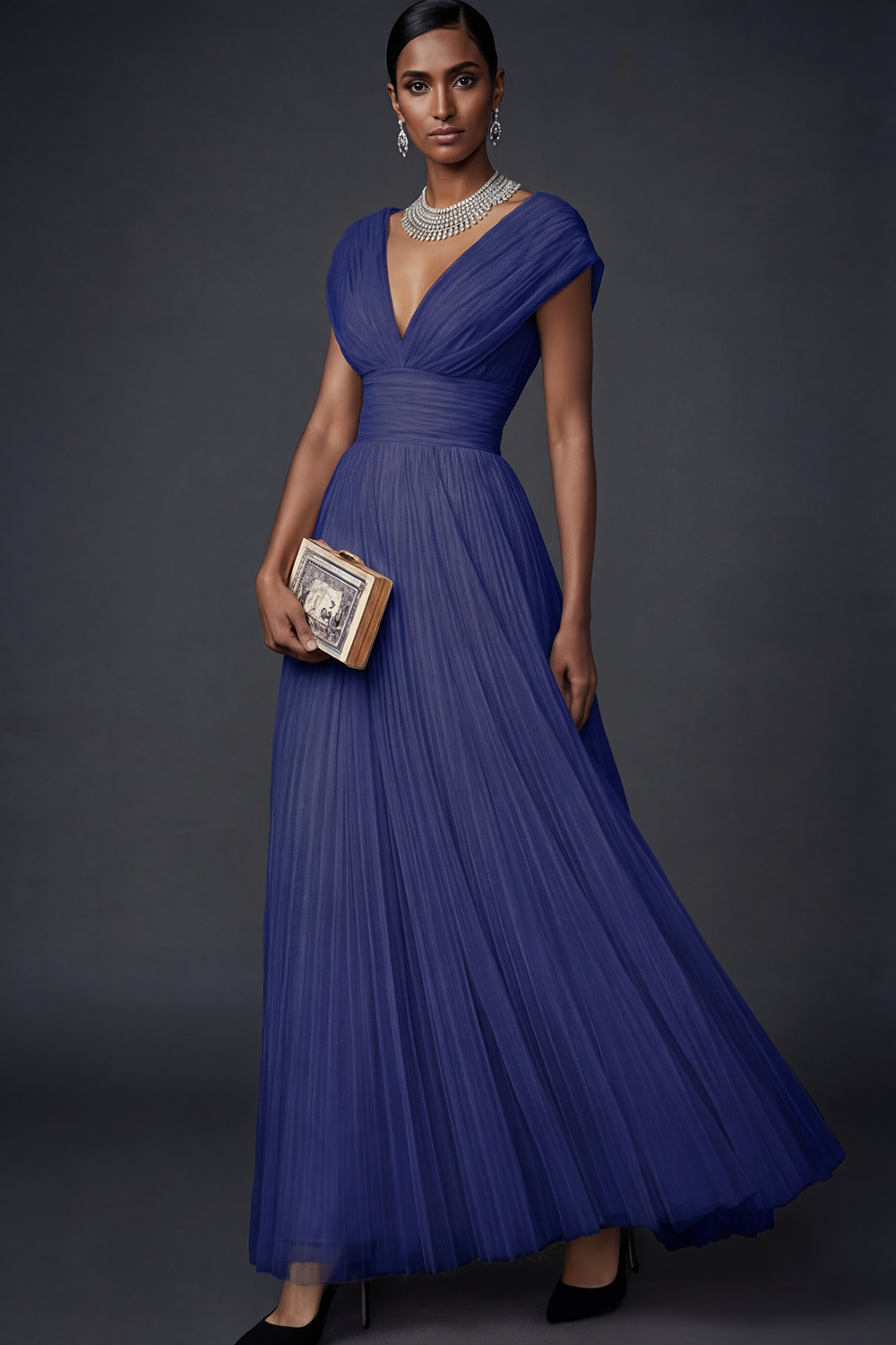 Vintage Rose Formal Dress A-Line V-Neck Pleated Tulle Maxi Dress 