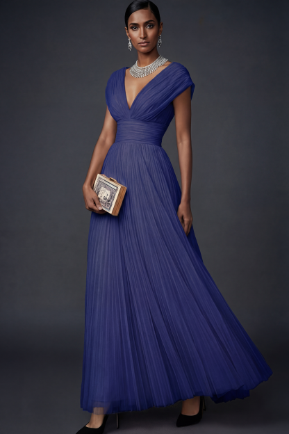 Vintage Rose Formal Dress A-Line V-Neck Pleated Tulle Maxi Dress 