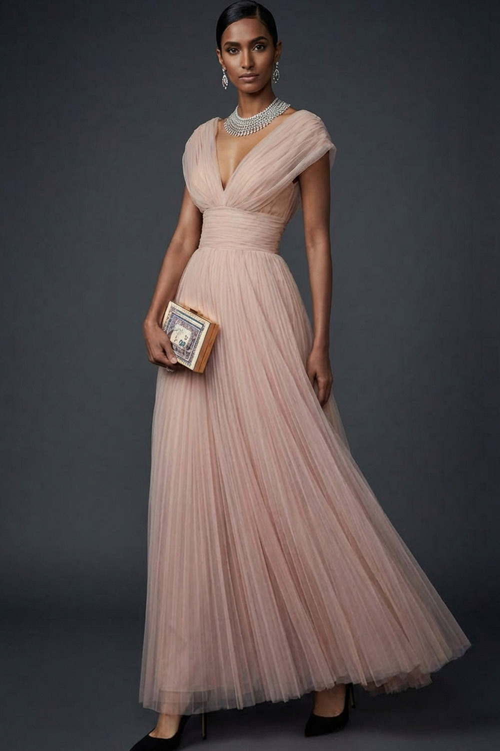 Vintage Rose Formal Dress A-Line V-Neck Pleated Tulle Maxi Dress