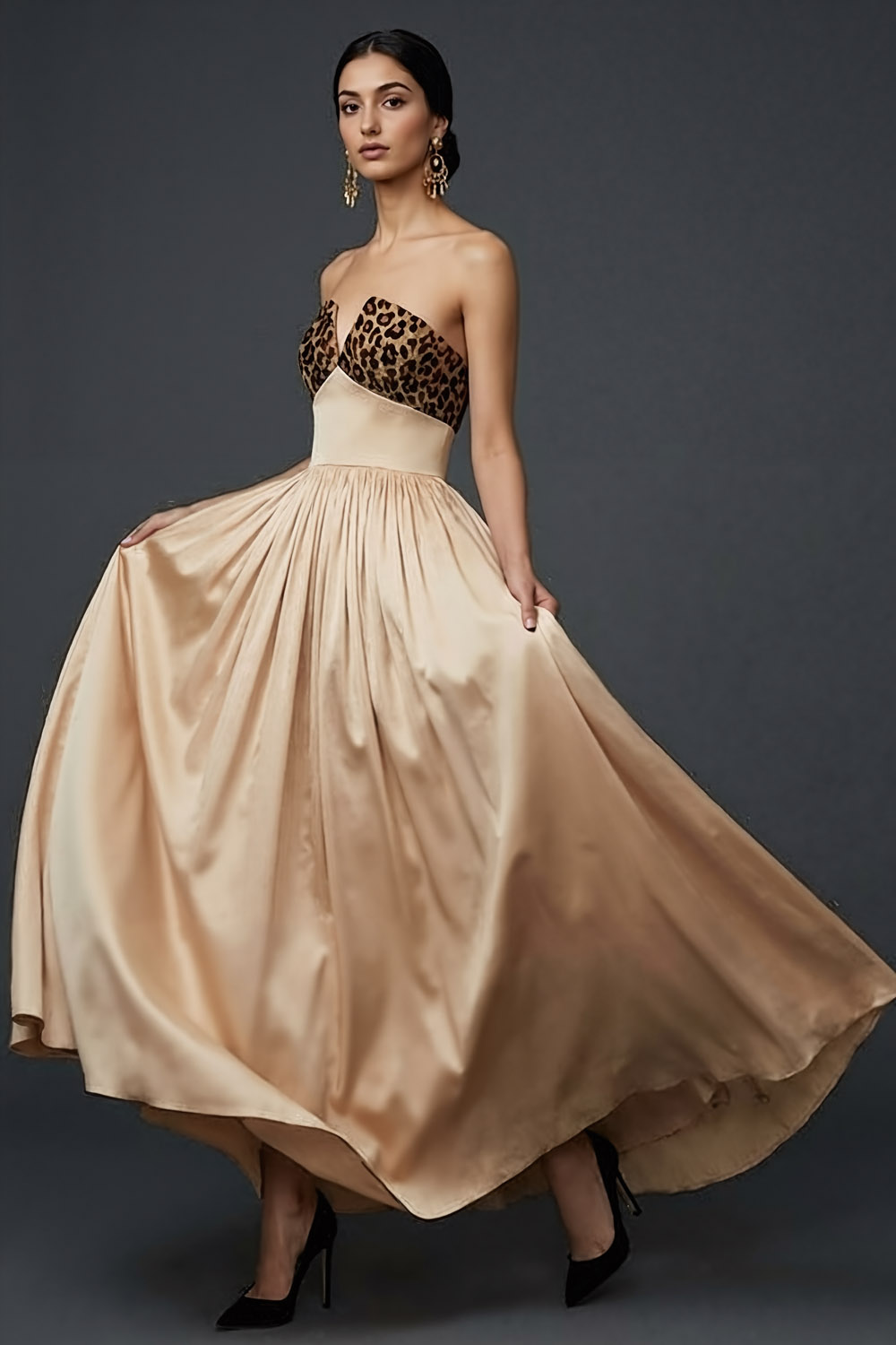 Champagne Formal Evening Dress A-Line Strapless Satin Maxi Dress 