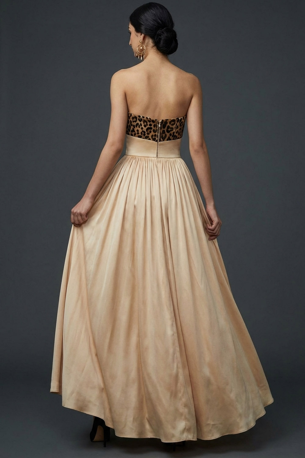 Champagne Formal Evening Dress A-Line Strapless Satin Maxi Dress 