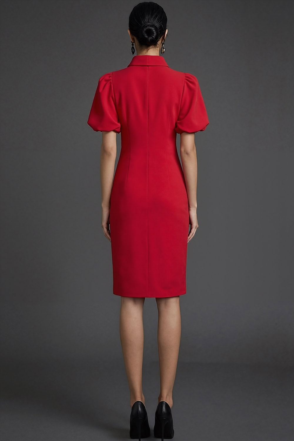 Red Formal Dress Sheath Point Collar Puff Sleeve Midi Dress 