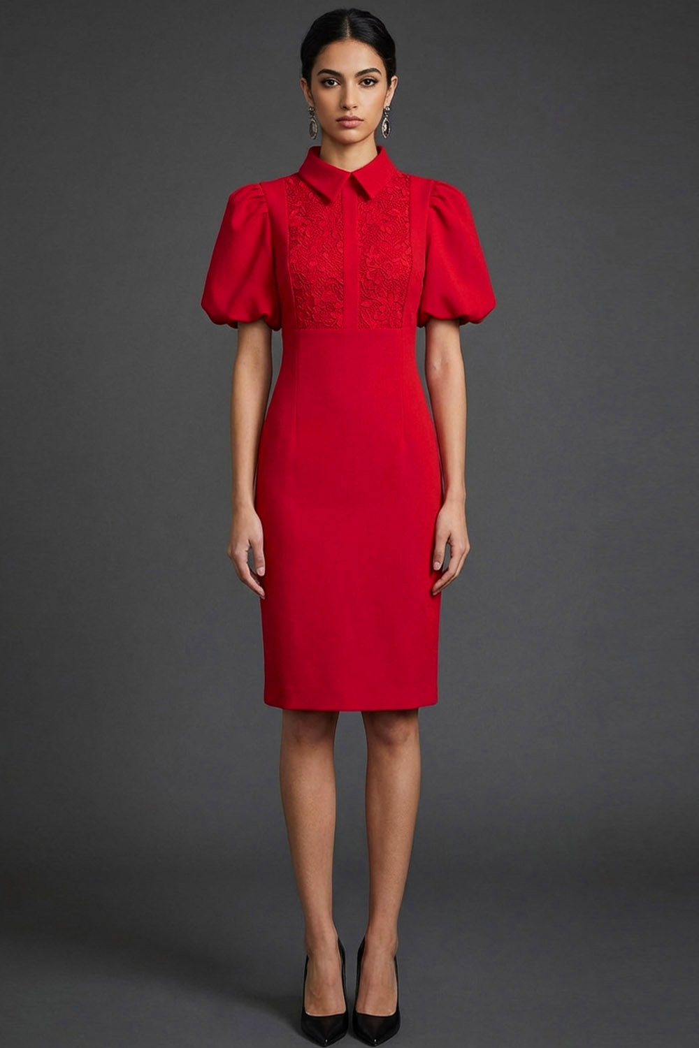 Red Formal Dress Sheath Point Collar Puff Sleeve Midi Dress 