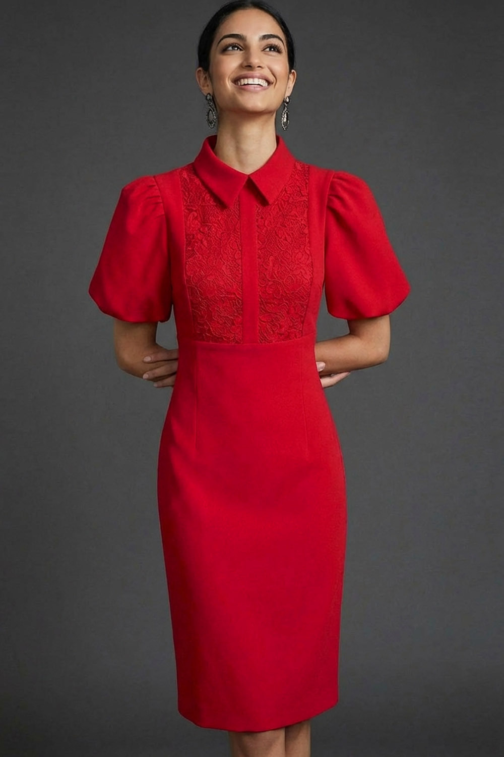 Red Formal Dress Sheath Point Collar Puff Sleeve Midi Dress 