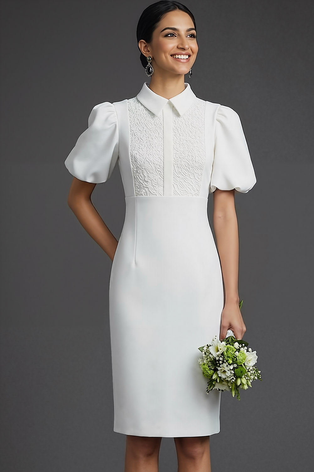 Red Formal Dress Sheath Point Collar Puff Sleeve Midi Dress 