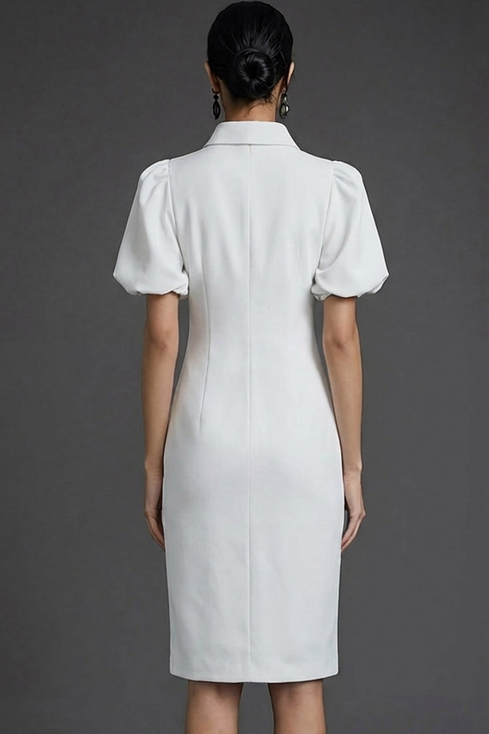 Red Formal Dress Sheath Point Collar Puff Sleeve Midi Dress 