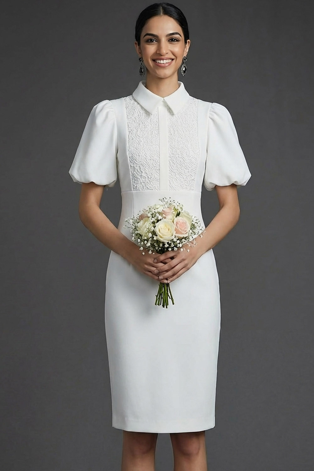 Red Formal Dress Sheath Point Collar Puff Sleeve Midi Dress