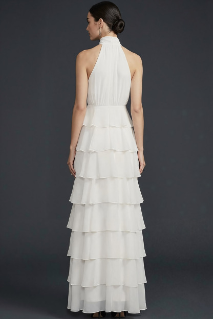 White Formal Evening Dress A-Line Halter Tiered Maxi Dress 