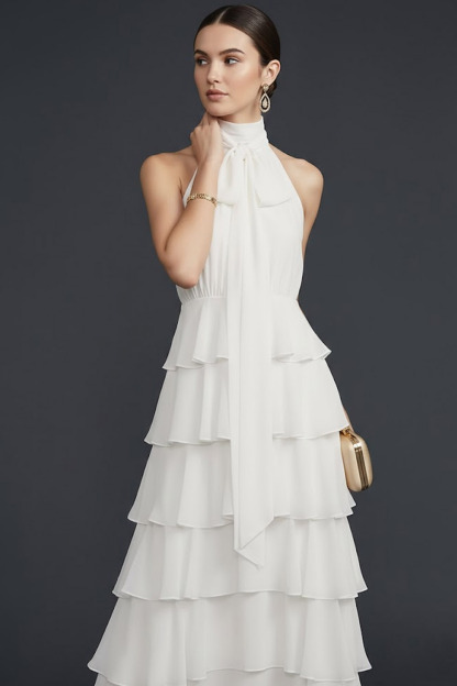 White Formal Evening Dress A-Line Halter Tiered Maxi Dress 