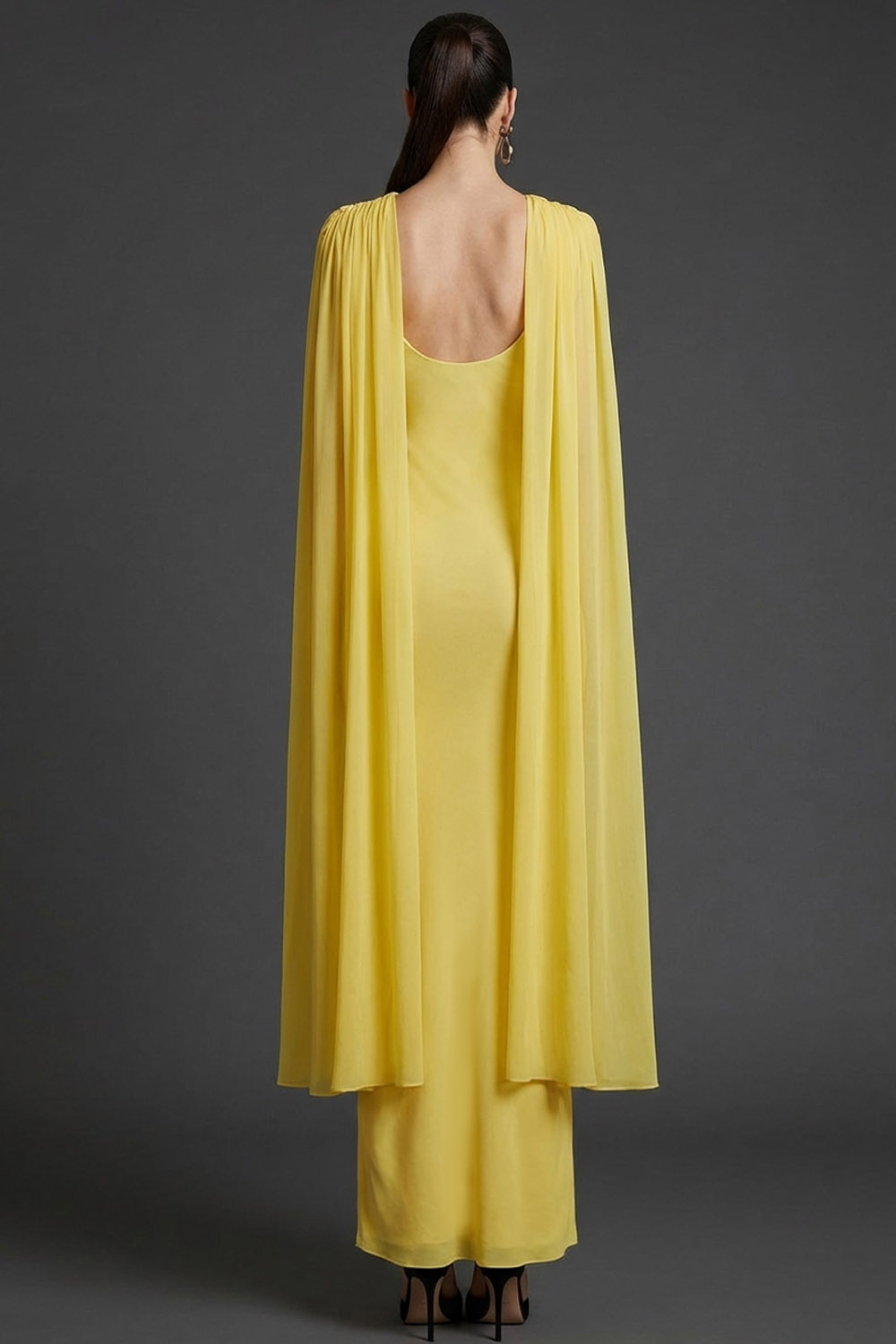 Light Yellow Mother of the Bride Dress Cowl Neck Maxi Dress with Cape