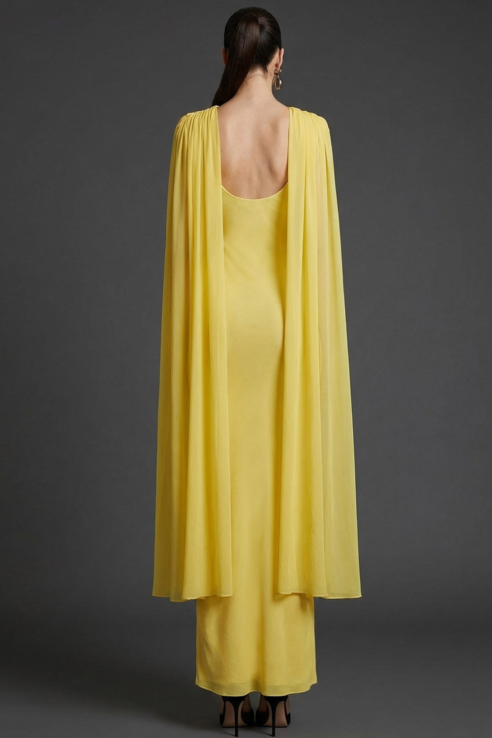 Light Yellow Mother of the Bride Dress Cowl Neck Maxi Dress with Cape