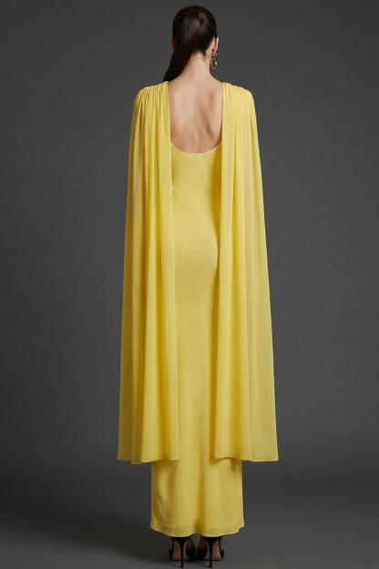 Light Yellow Mother of the Bride Dress Cowl Neck Maxi Dress with Cape