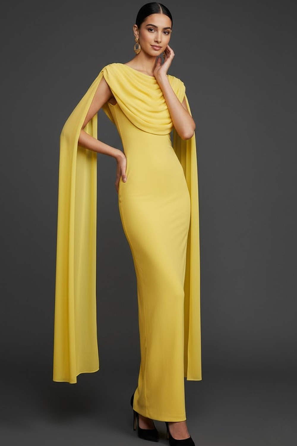 Light Yellow Mother of the Bride Dress Cowl Neck Maxi Dress with Cape