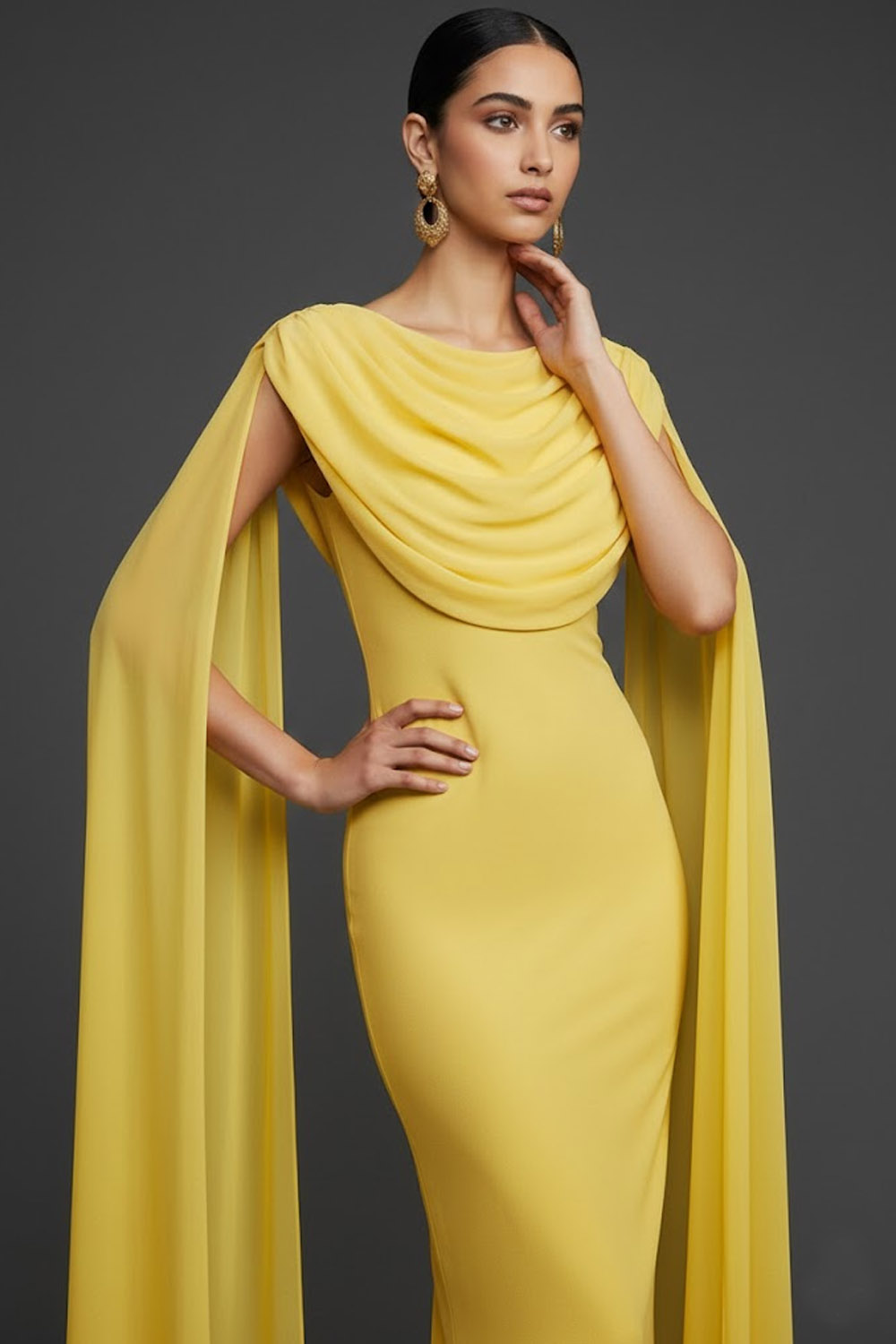 Light Yellow Mother of the Bride Dress Cowl Neck Maxi Dress with Cape