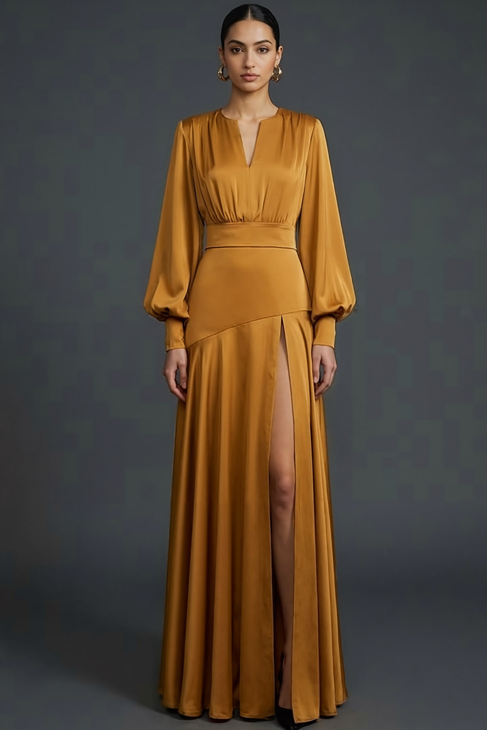 Bronze Mother of the Bride Dress A-Line Long Sleeve Maxi Dress with Slit