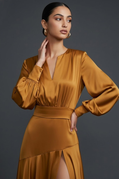 Bronze Mother of the Bride Dress A-Line Long Sleeve Maxi Dress with Slit
