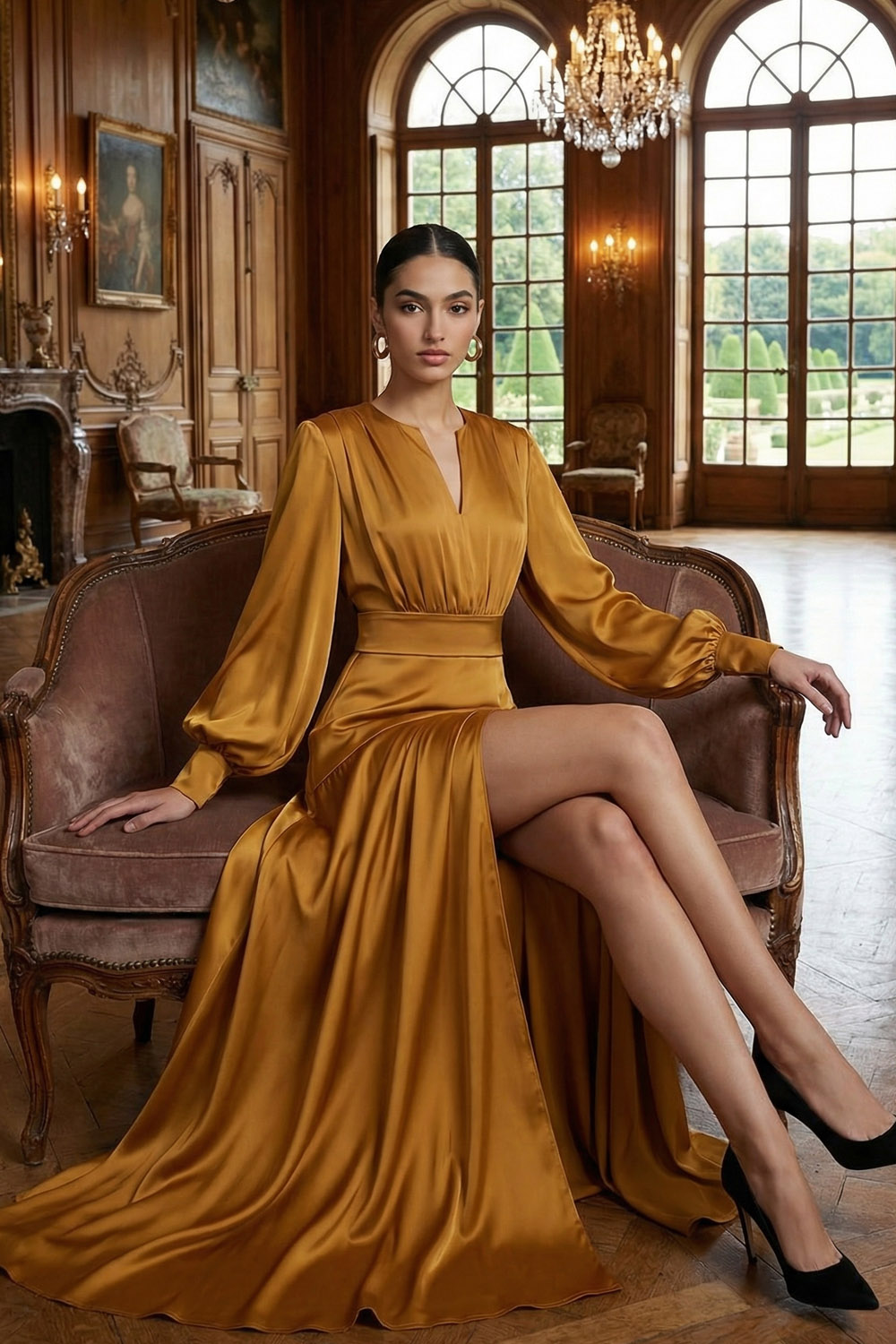 Bronze Mother of the Bride Dress A-Line Long Sleeve Maxi Dress with Slit