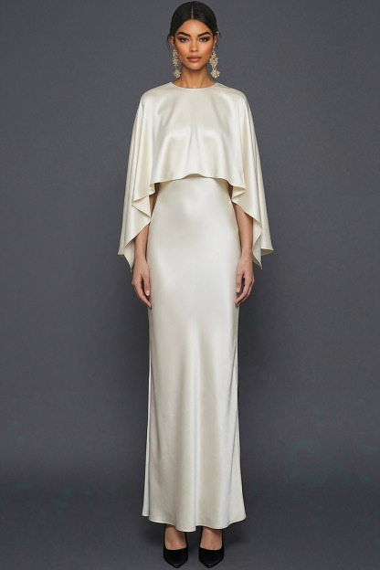 White Mother of the Bride Dress Sheath Round Neck Maxi Dress with Cape