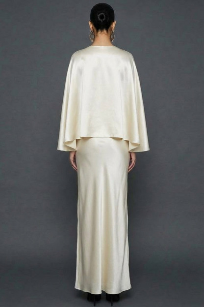 White Mother of the Bride Dress Sheath Round Neck Maxi Dress with Cape