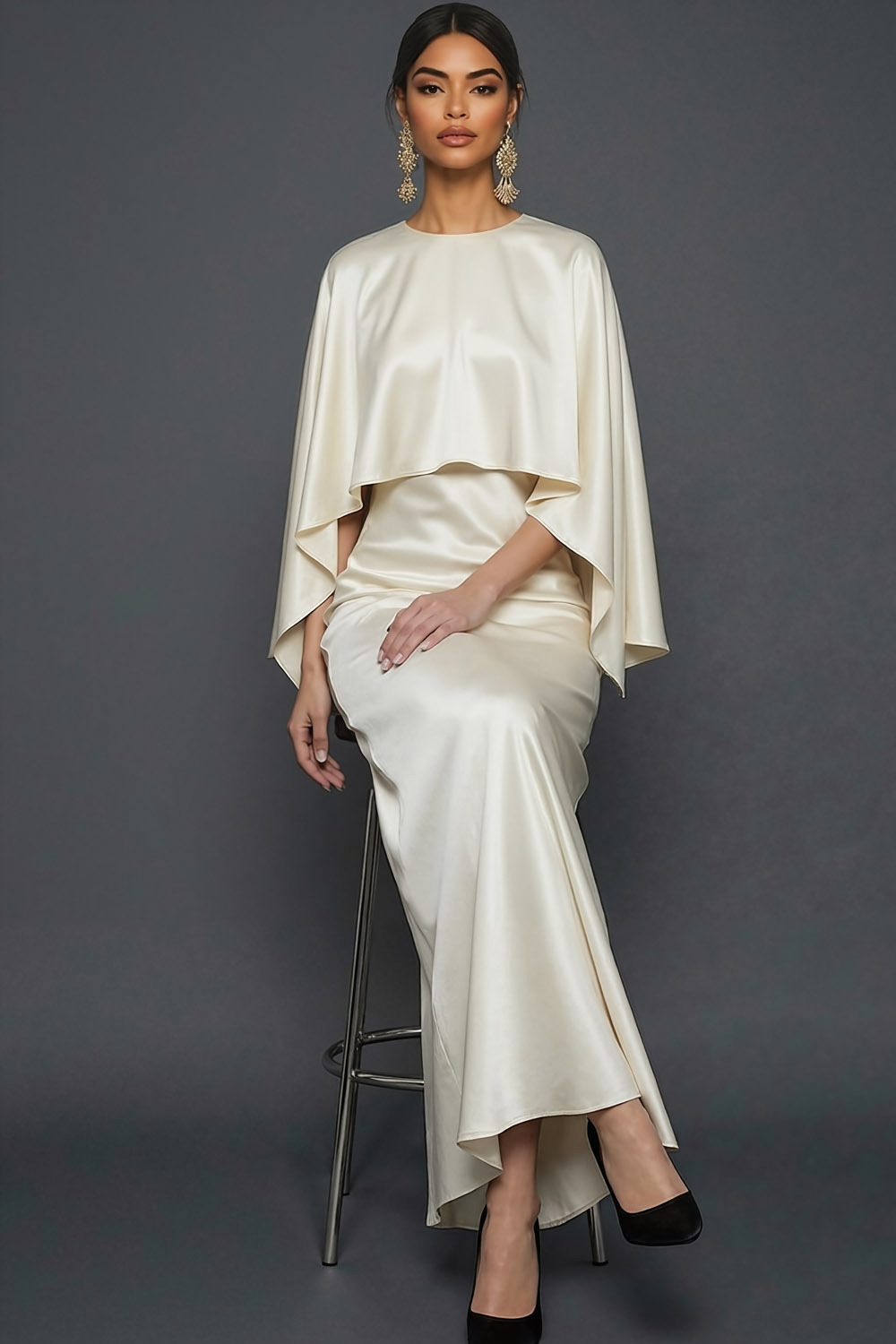 White Mother of the Bride Dress Sheath Round Neck Maxi Dress with Cape
