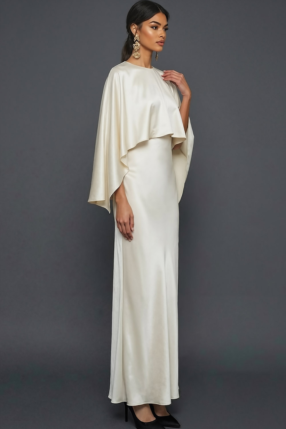 White Mother of the Bride Dress Sheath Round Neck Maxi Dress with Cape