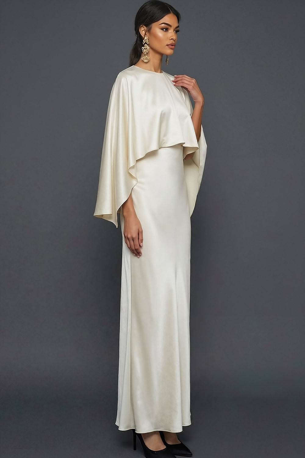 White Mother of the Bride Dress Sheath Round Neck Maxi Dress with Cape