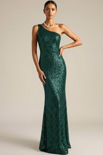 Dark Green Formal Party Dress Sheath One Shoulder Sequin Maxi Dress
