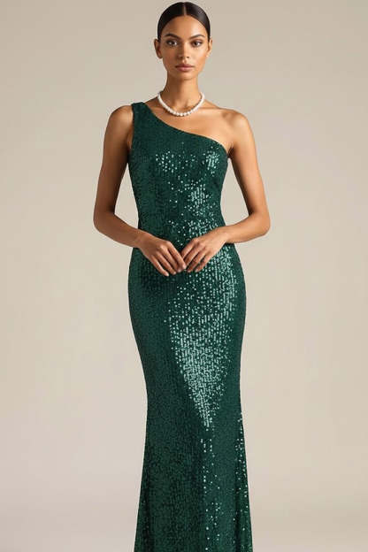 Dark Green Formal Party Dress Sheath One Shoulder Sequin Maxi Dress
