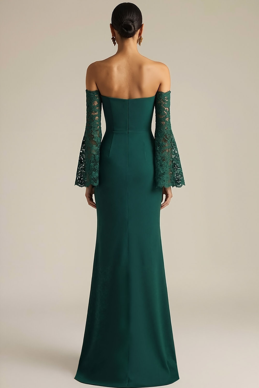 Dark Green Evening Formal Dress Off the Shoulder Lace Sleeve Maxi Dress 
