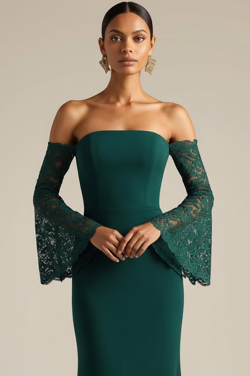Dark Green Evening Formal Dress Off the Shoulder Lace Sleeve Maxi Dress 