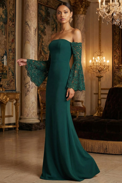 Dark Green Evening Formal Dress Off the Shoulder Lace Sleeve Maxi Dress 