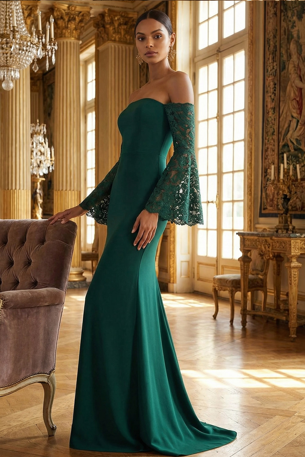 Dark Green Evening Formal Dress Off the Shoulder Lace Sleeve Maxi Dress 