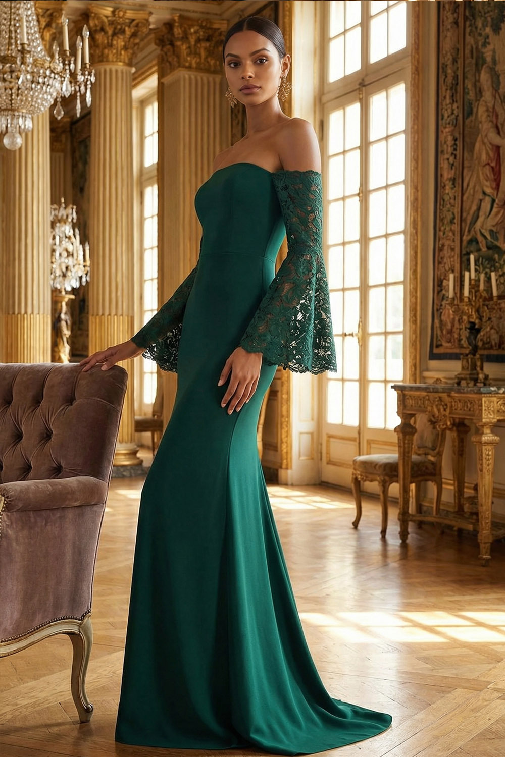 Dark Green Evening Formal Dress Off the Shoulder Lace Sleeve Maxi Dress 