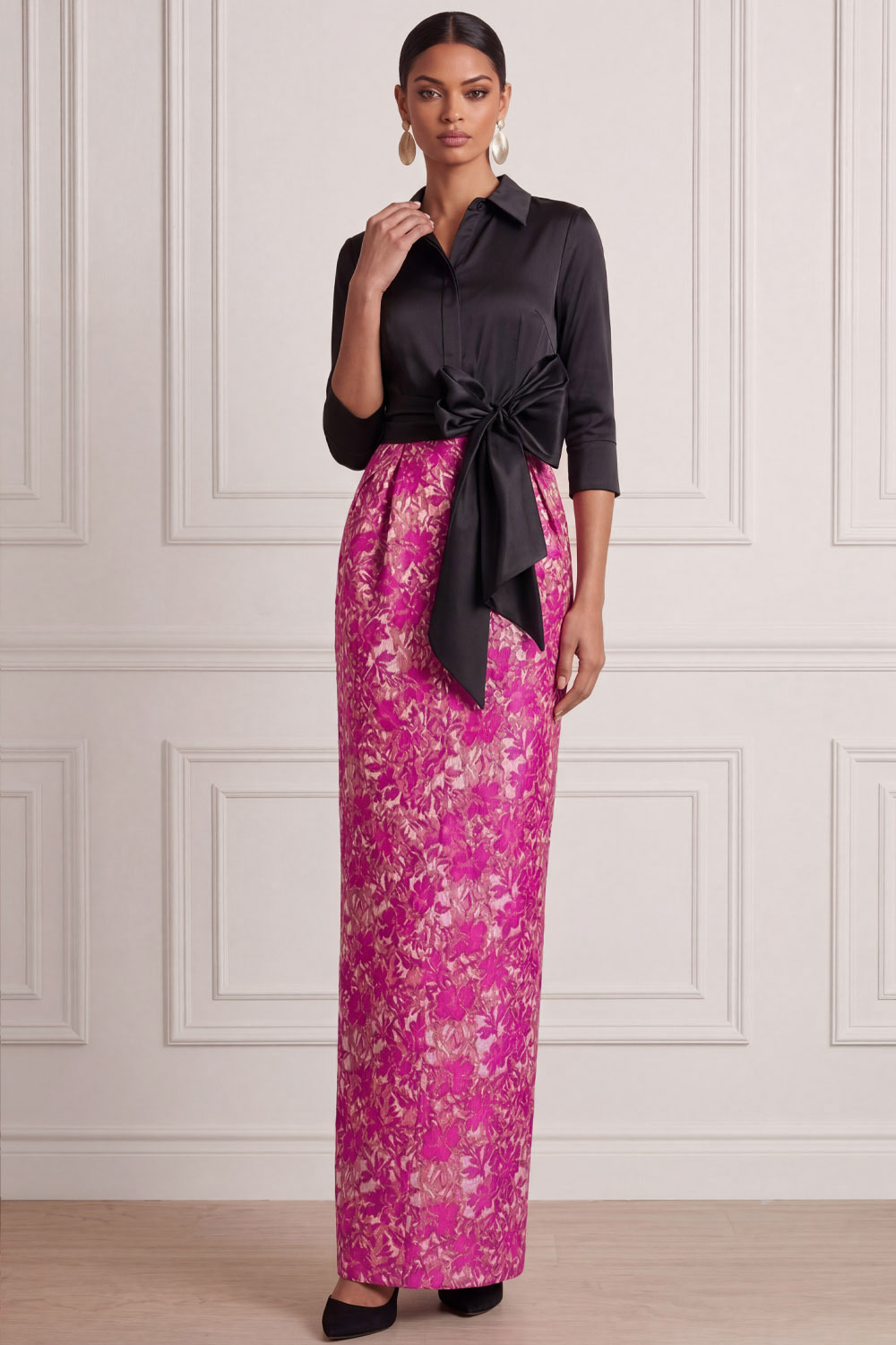 Fuchsia Wedding Guest Dress Point Collar Maxi Dress with Bow