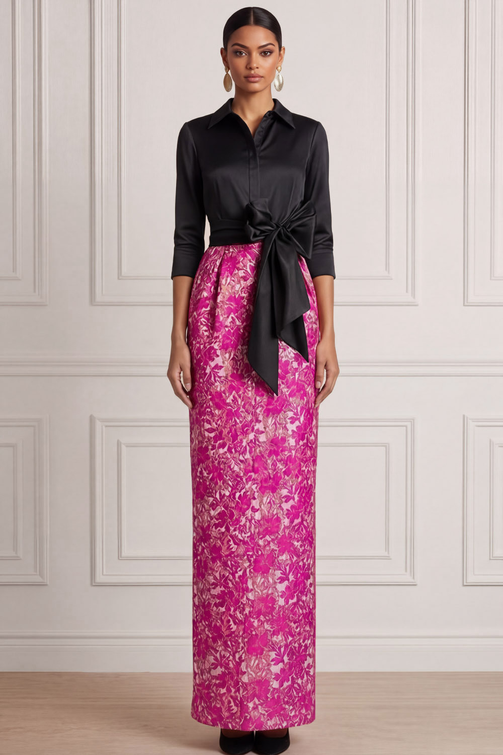 Fuchsia Wedding Guest Dress Point Collar Maxi Dress with Bow