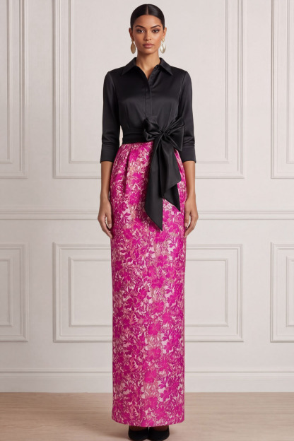 Fuchsia Wedding Guest Dress Point Collar Maxi Dress with Bow