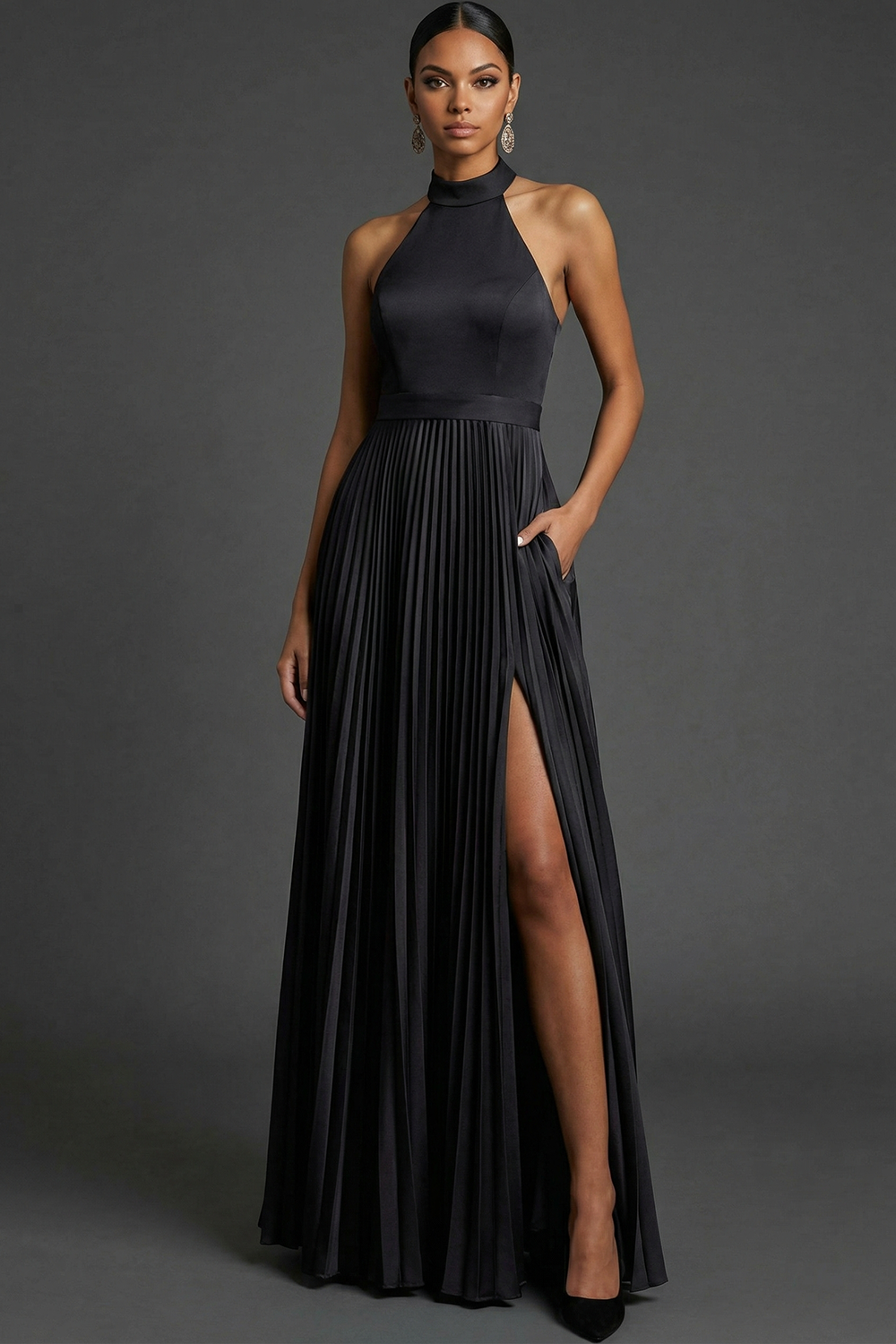 Dark Green ​Wedding Bridesmaid Dress Halter Pleated Maxi Dress with Slit
