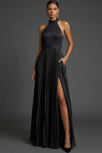 Dark Green ​Wedding Bridesmaid Dress Halter Pleated Maxi Dress with Slit