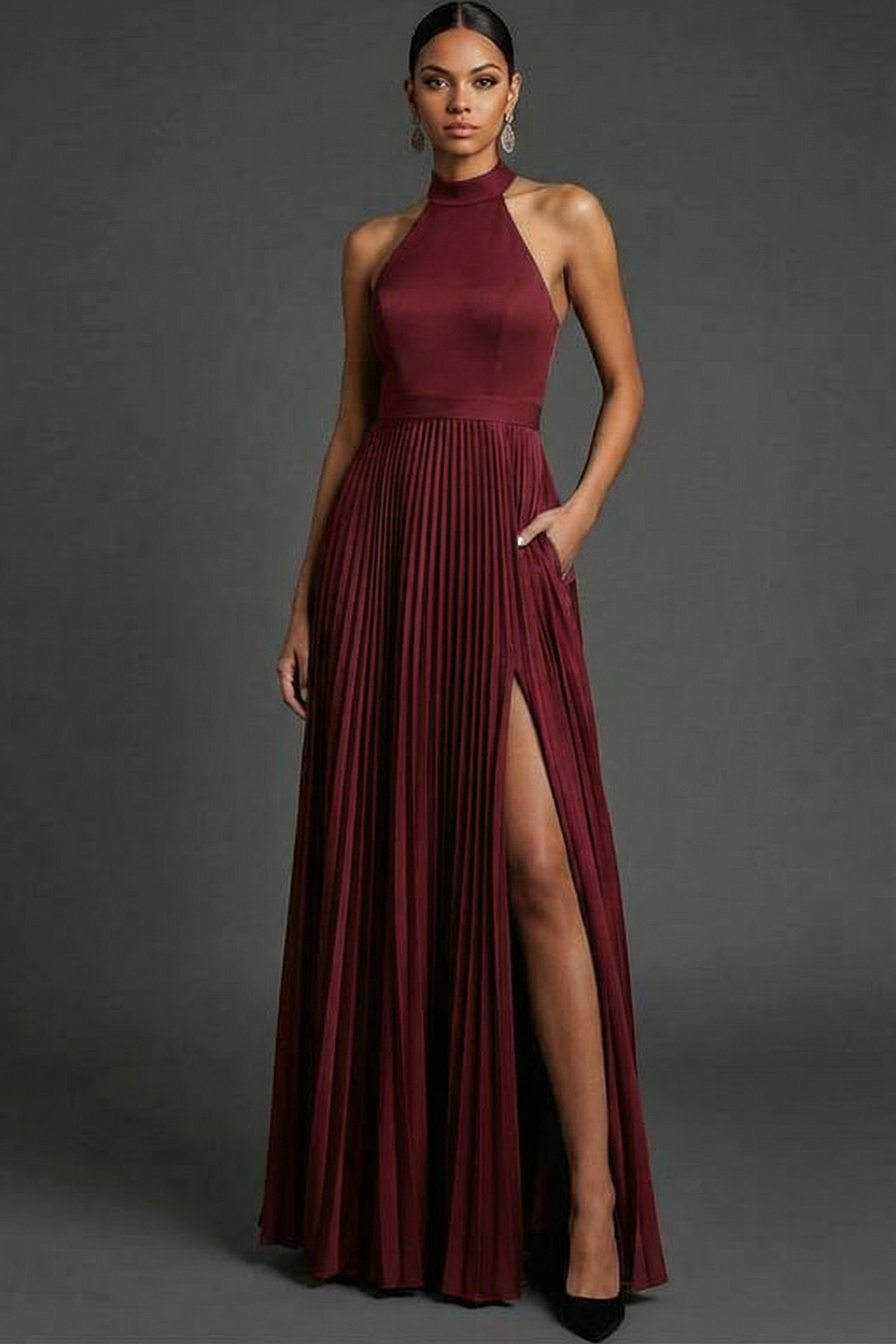 Dark Green ​Wedding Bridesmaid Dress Halter Pleated Maxi Dress with Slit