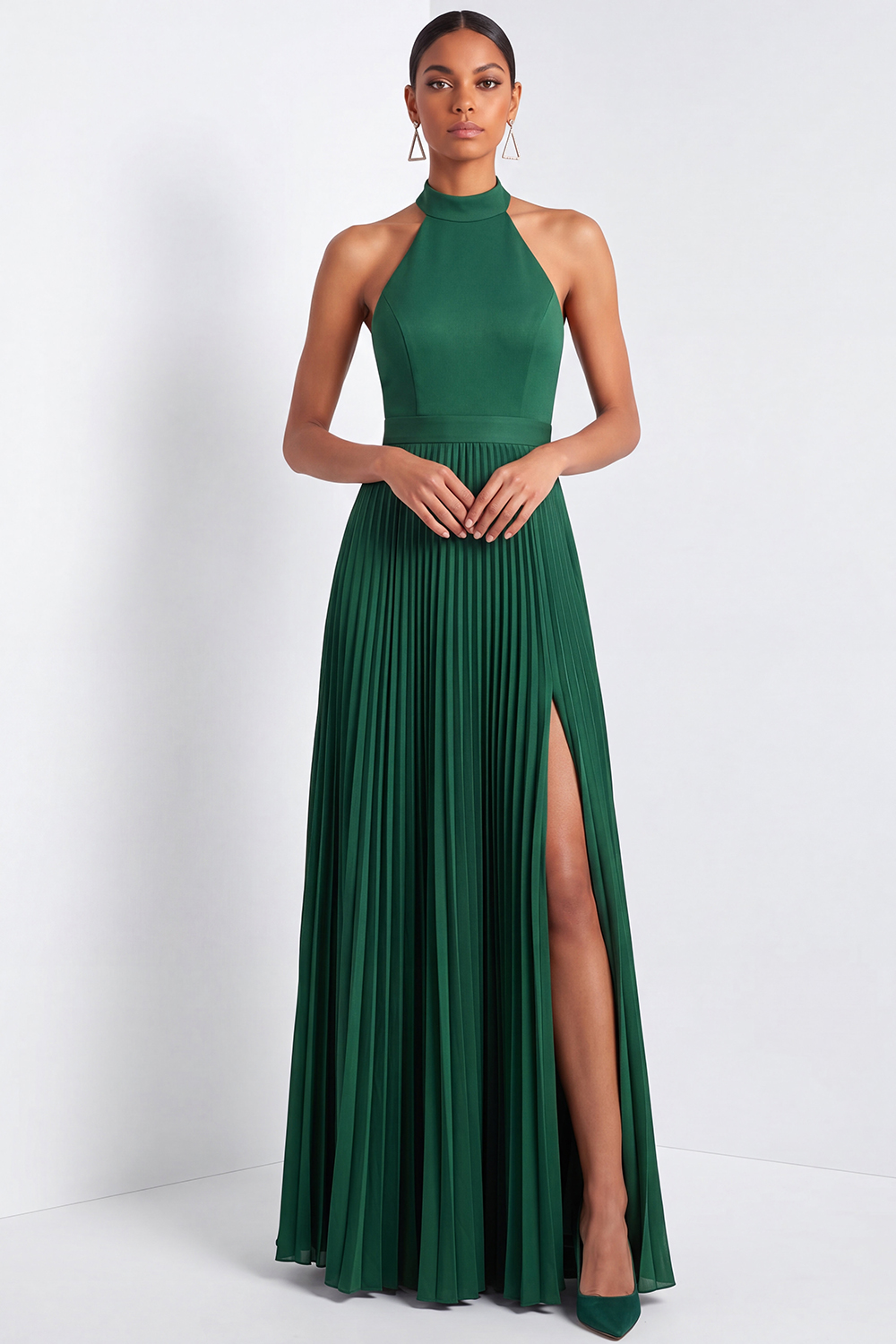 Dark Green ​Wedding Bridesmaid Dress Halter Pleated Maxi Dress with Slit