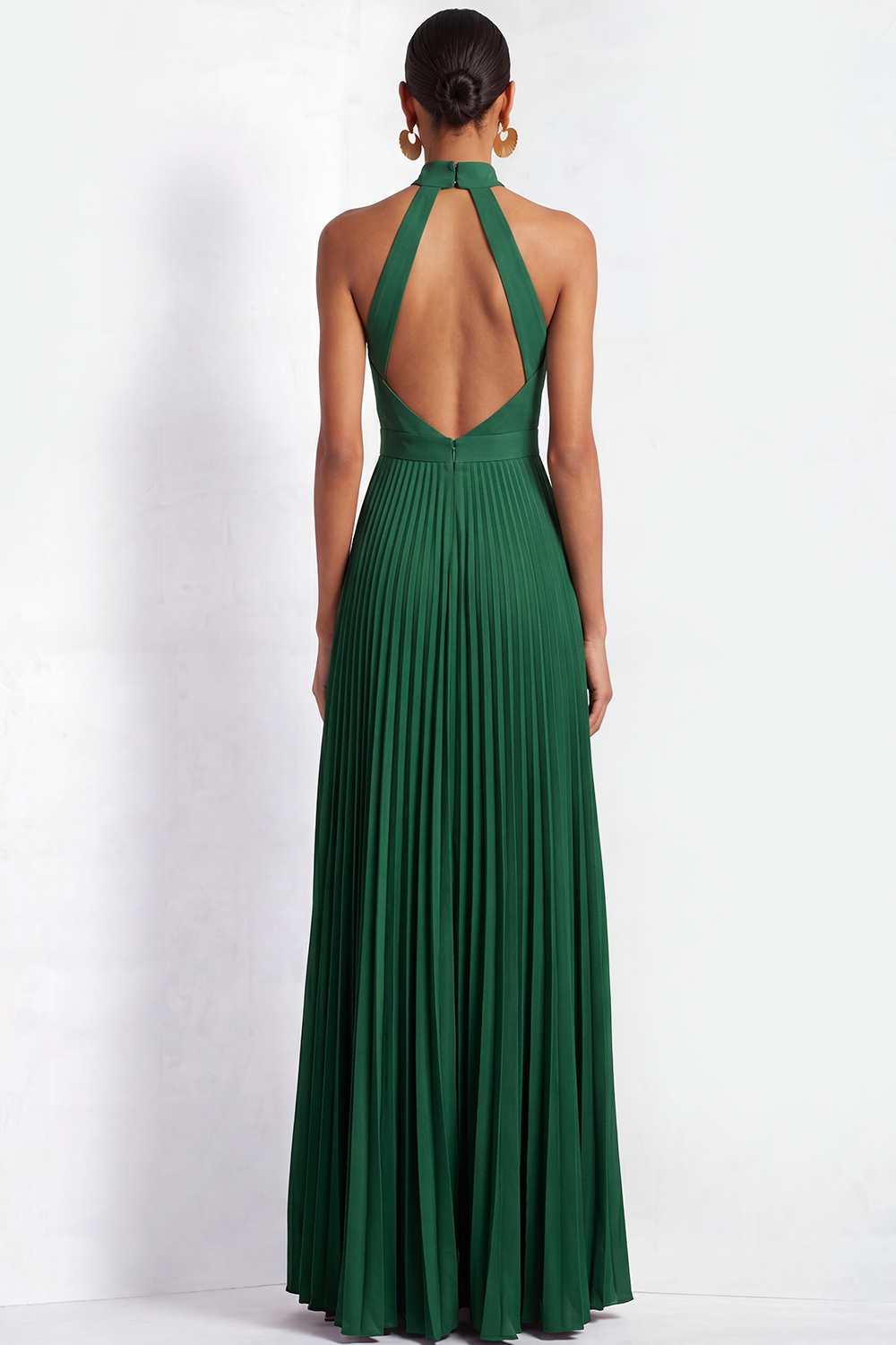 Dark Green ​Wedding Bridesmaid Dress Halter Pleated Maxi Dress with Slit