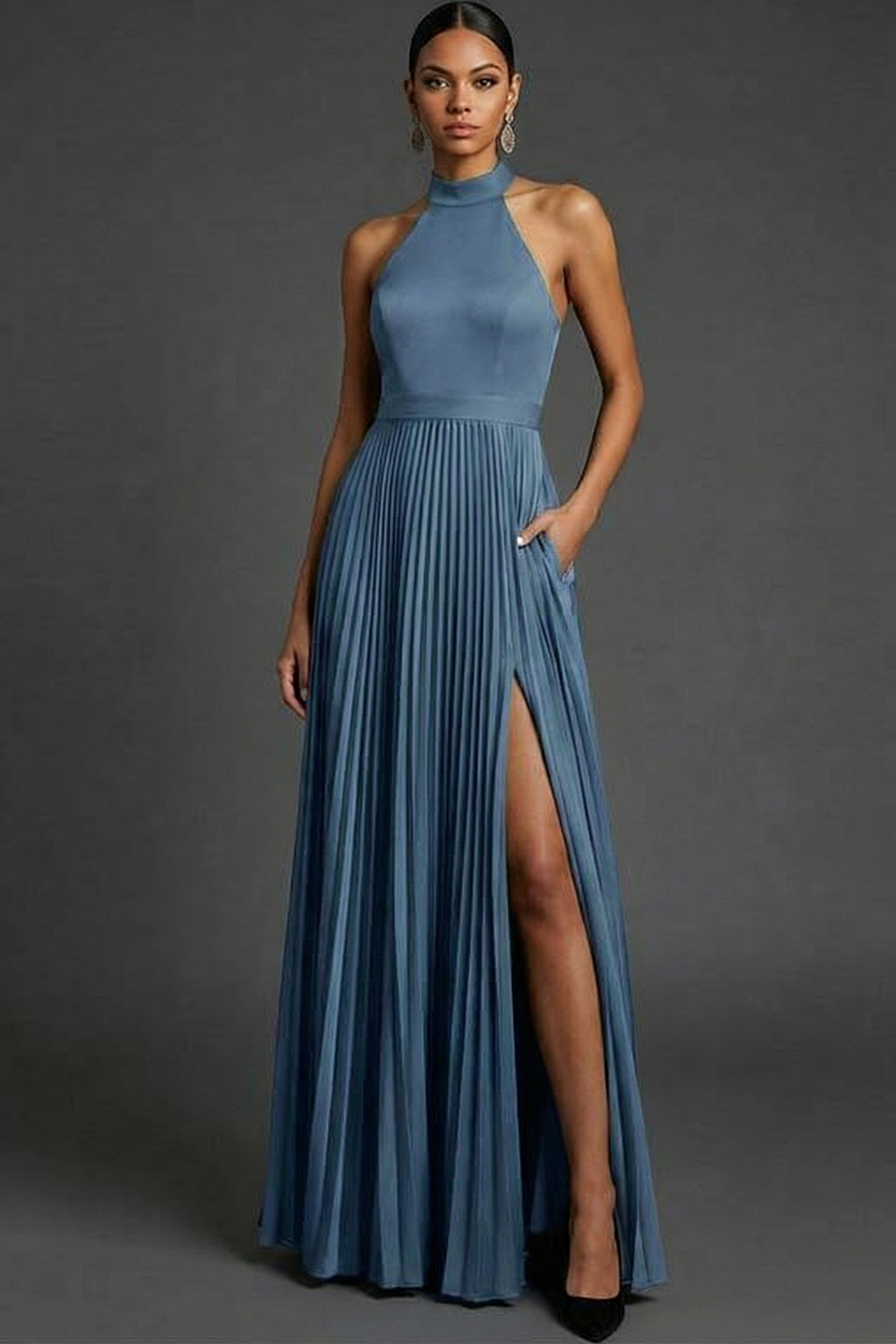 Dark Green ​Wedding Bridesmaid Dress Halter Pleated Maxi Dress with Slit