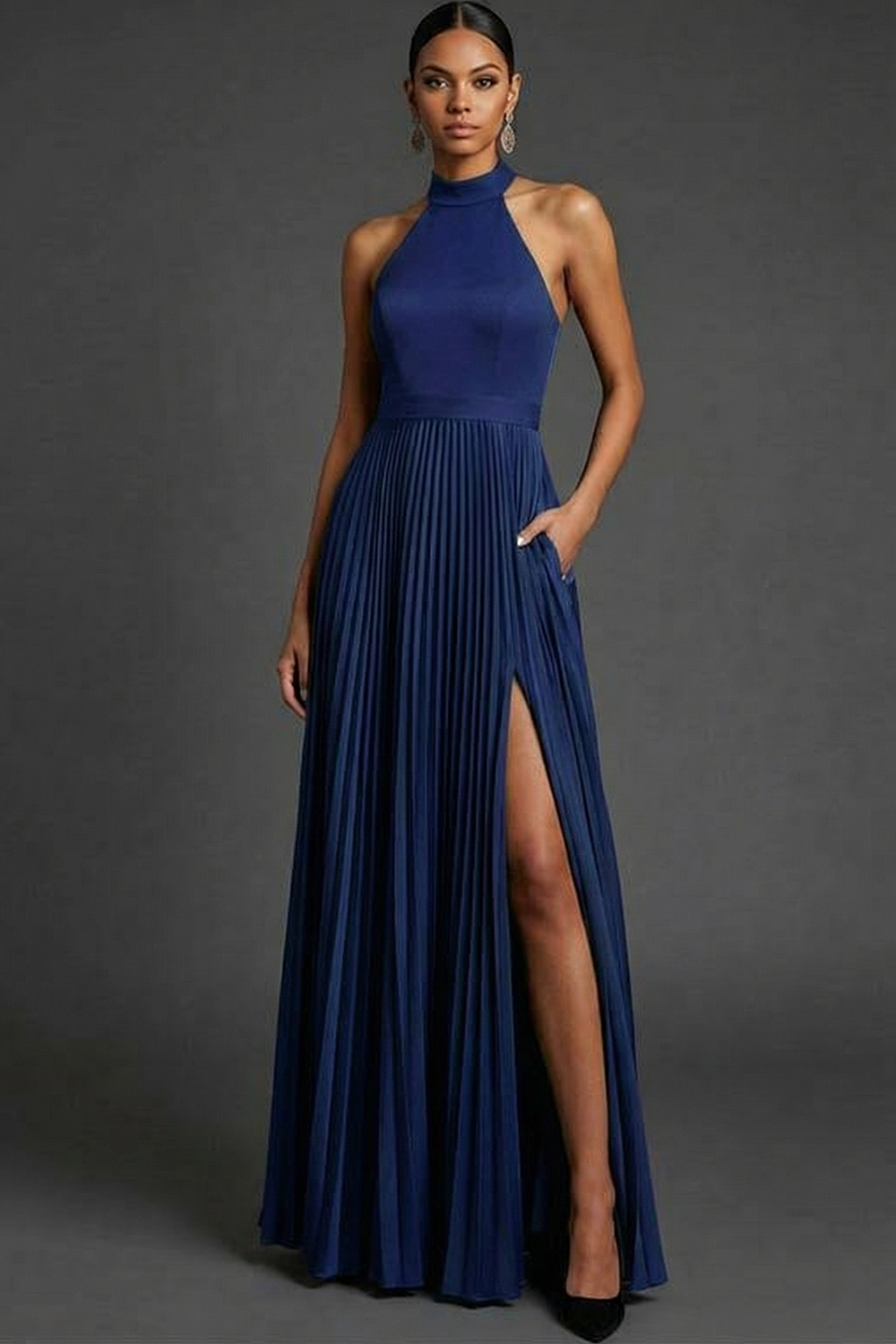 Dark Green ​Wedding Bridesmaid Dress Halter Pleated Maxi Dress with Slit