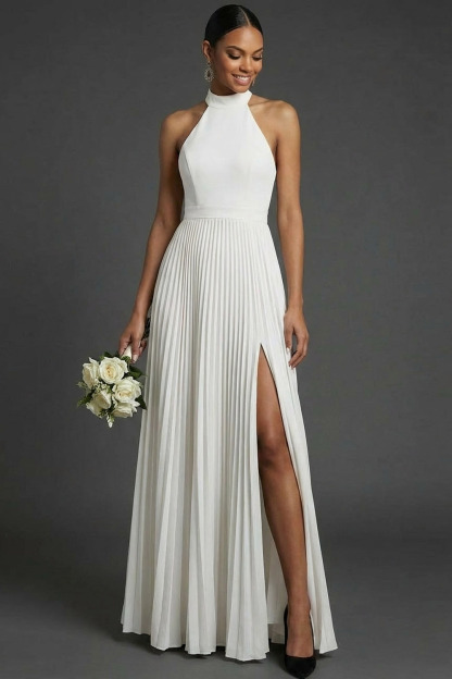 Dark Green ​Wedding Bridesmaid Dress Halter Pleated Maxi Dress with Slit