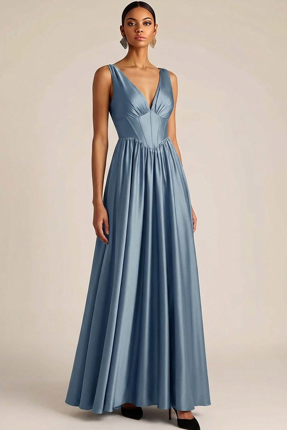 Dusty Blue Formal Evening Dress A-Line V-Neck Corset Satin Maxi Dress