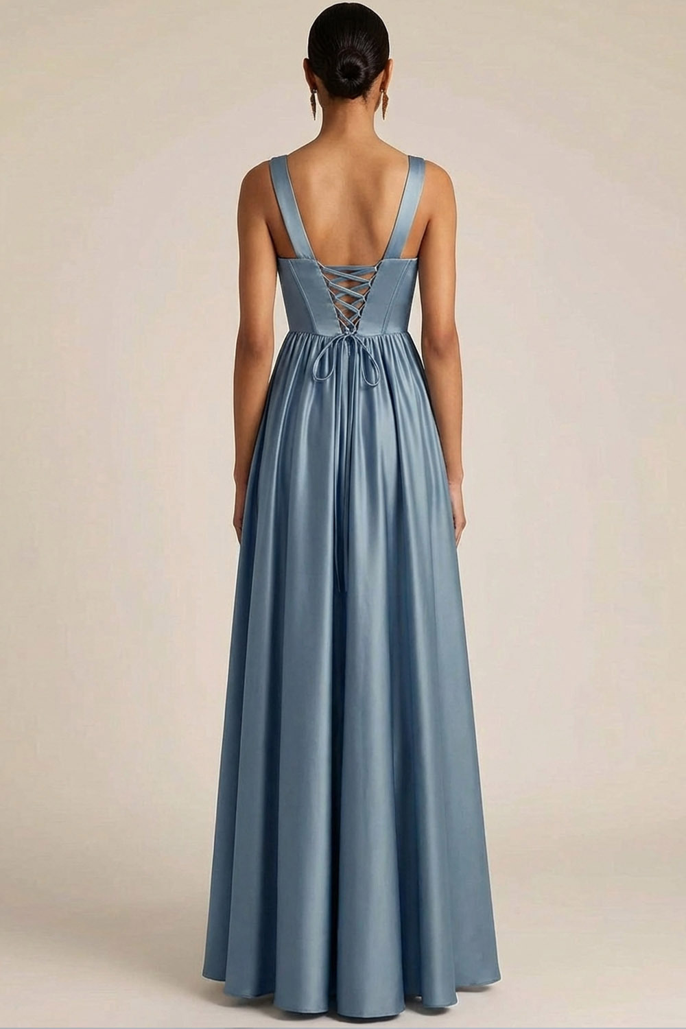 Dusty Blue Formal Evening Dress A-Line V-Neck Corset Satin Maxi Dress 