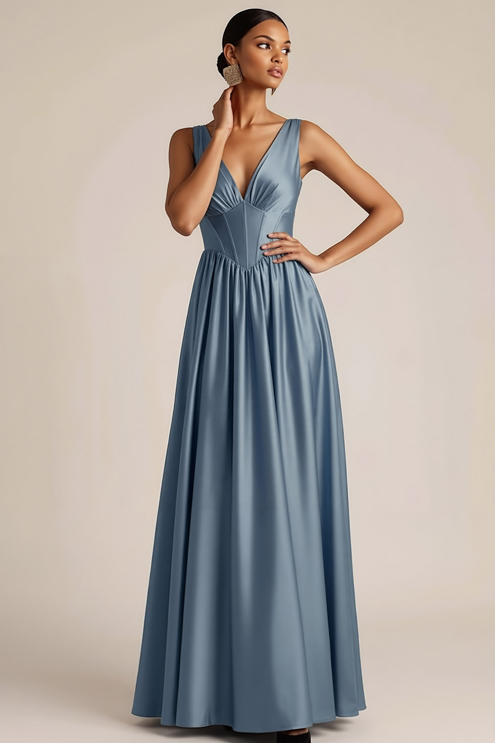 Dusty Blue Formal Evening Dress A-Line V-Neck Corset Satin Maxi Dress 