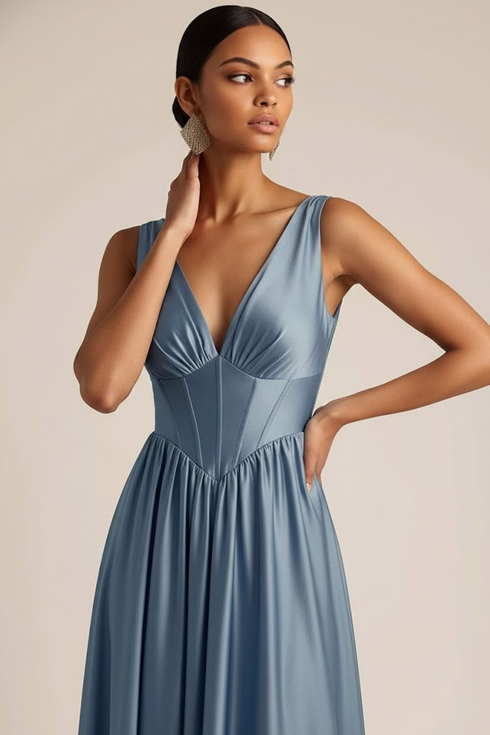Dusty Blue Formal Evening Dress A-Line V-Neck Corset Satin Maxi Dress 