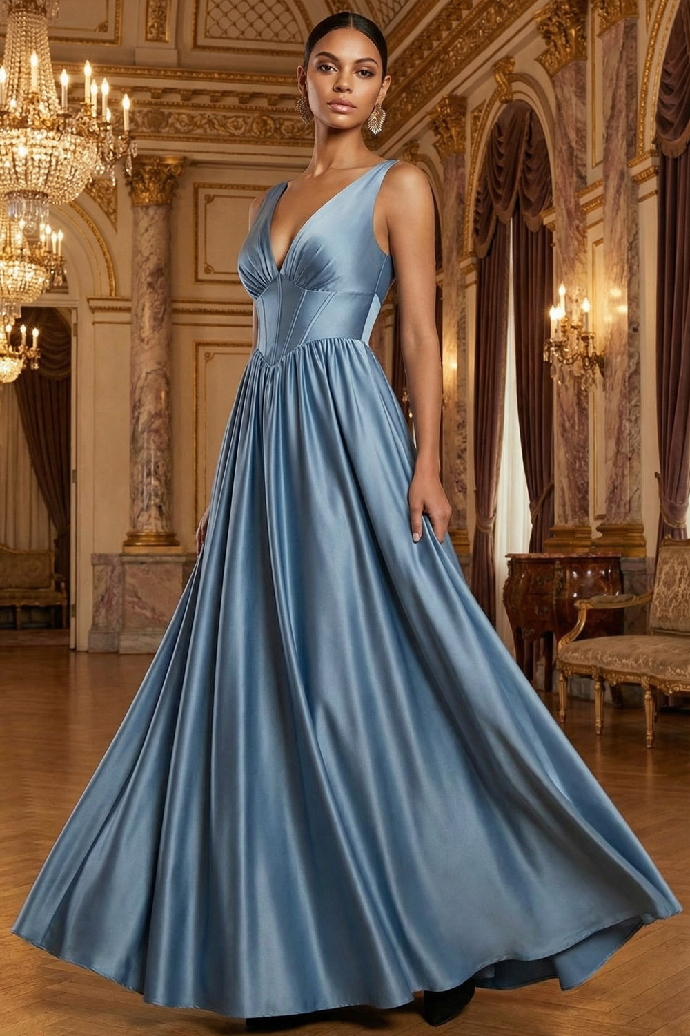 Dusty Blue Formal Evening Dress A-Line V-Neck Corset Satin Maxi Dress 